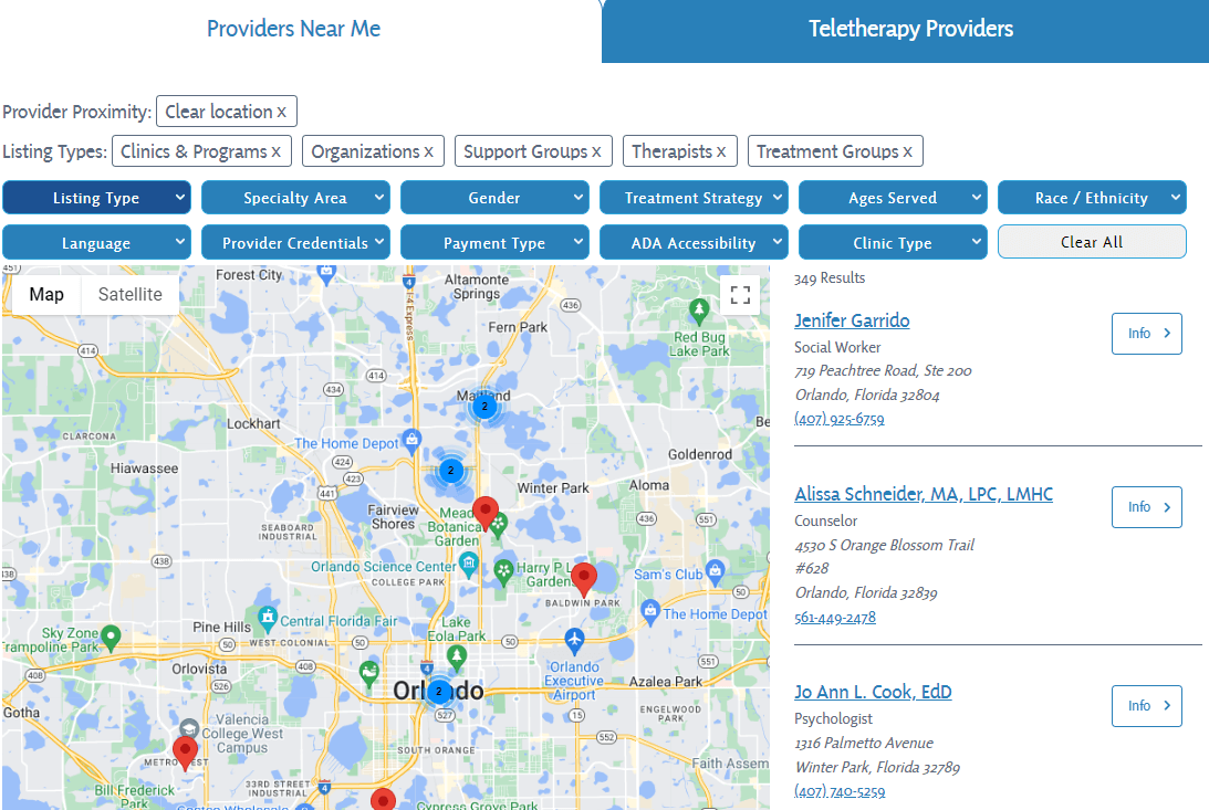 This is a screenshot of the IOCDF’s resource directory showing the search results for resources in the Orlando, Florida area. 