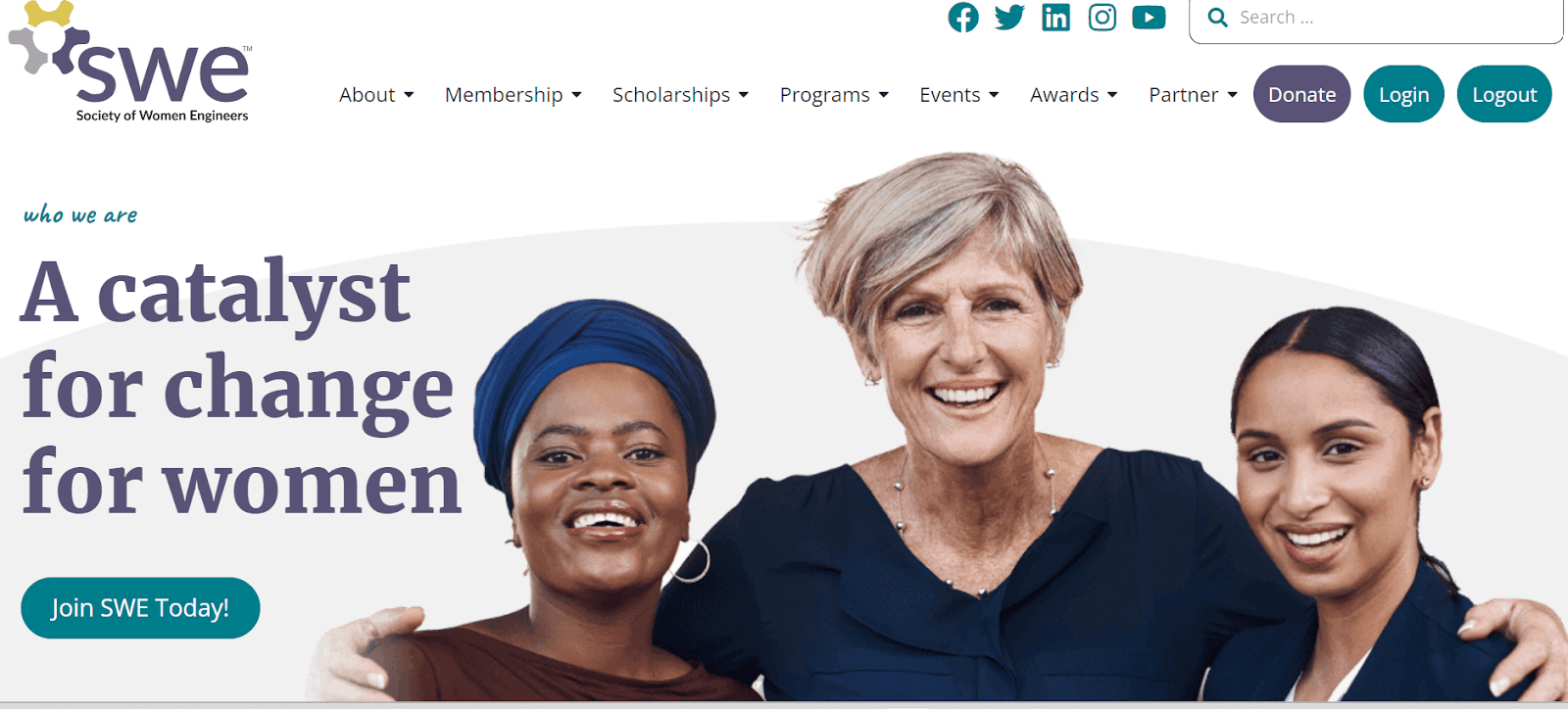 This is a screenshot of the Society of Women Engineers website homepage, which shows an image of three women smiling at the camera. 
