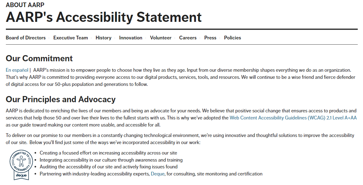 This is a screenshot of AARP’s accessibility statement. Visit the AARP website for the full statement. 