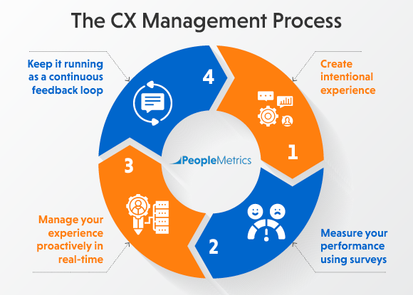 These are the four parts of the CX management process (detailed in the text below).