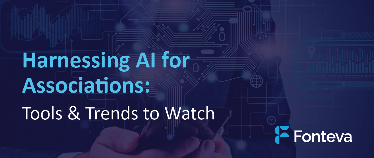 The article’s title, “Harnessing AI for Associations: Tools & Trends to Watch,” over a person using their phone.