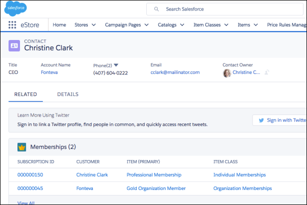 Screenshot of a member profile for Christine Clark on Fonteva’s membership management platform.