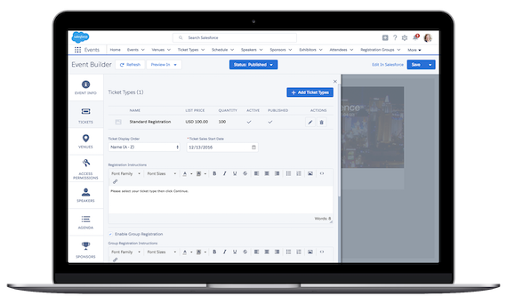 This is a screenshot of Fonteva Events, membership software built off Salesforce and designed to support association event planning and hosting.