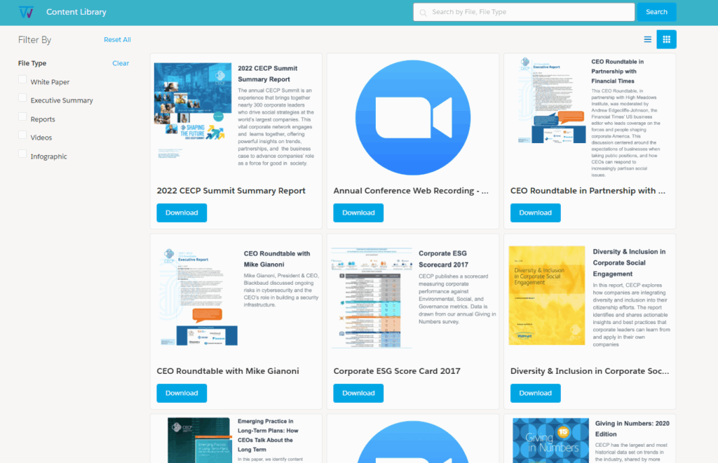 A screenshot of a content library or directory.