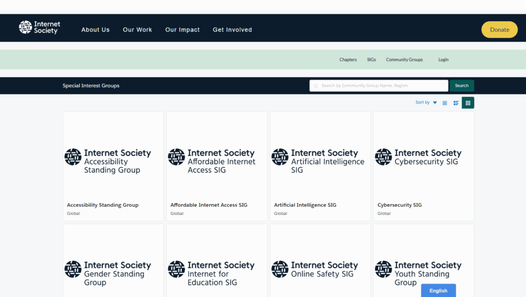 A screenshot of a special interest group directory from the Internet Society.