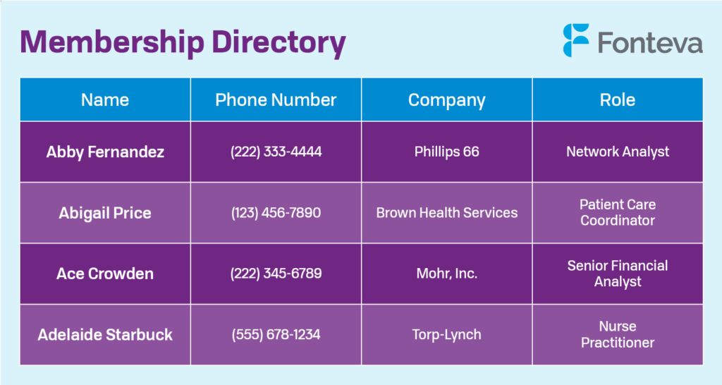 An example of a membership directory that uses a spreadsheet format, listing each member’s name, phone number, company, and role.