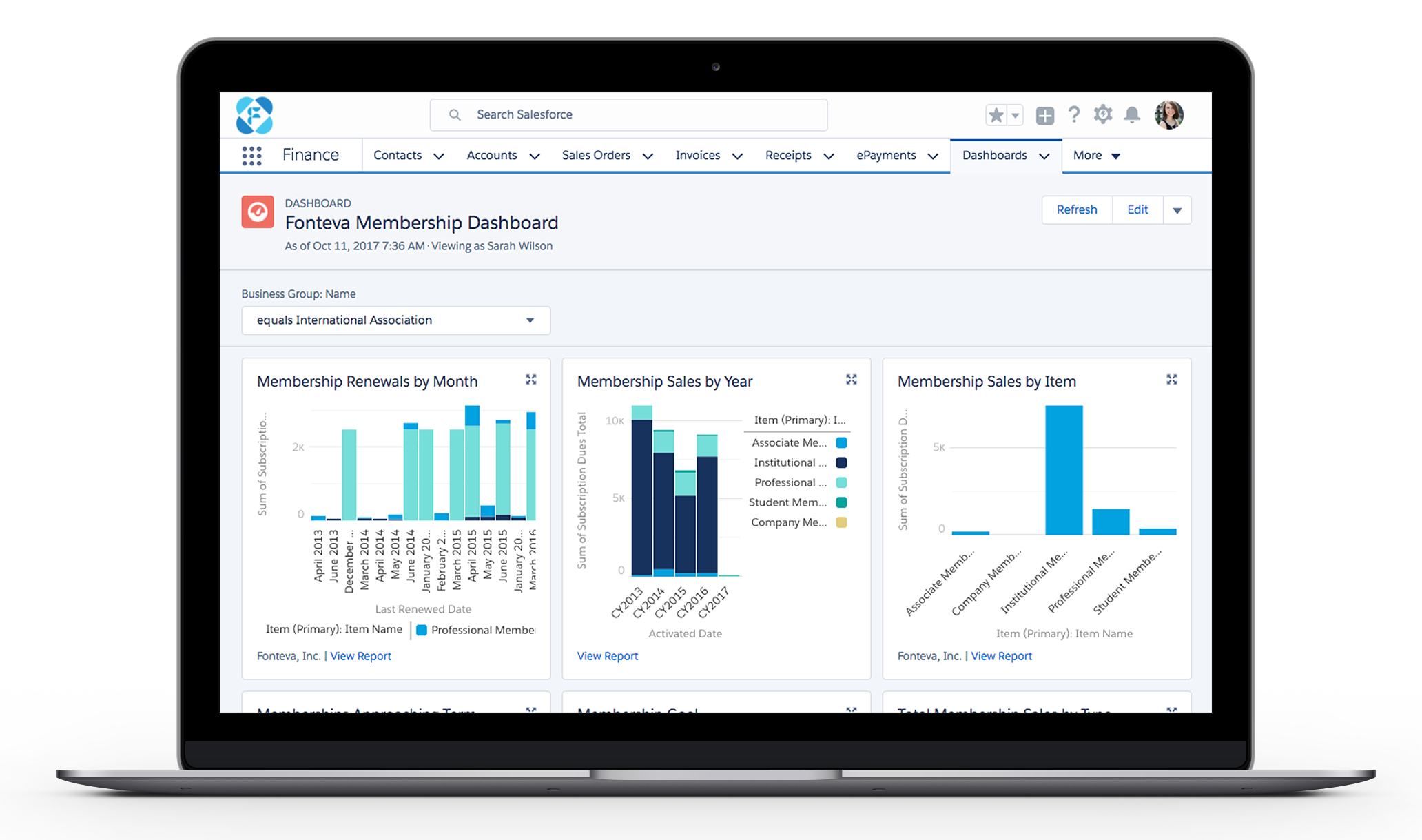 Screenshot of reports and dashboards within association management software.